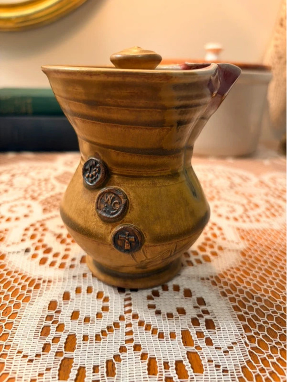 Studio Pottery Lidded Pitcher Brown Red Glaze Applied Medallions 4.5”